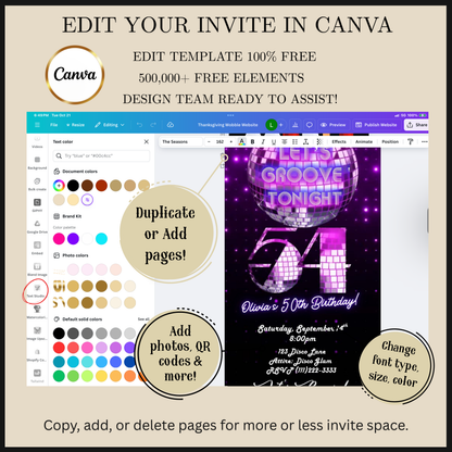 Editable purple disco 54th birthday video invitation displayed on a mobile phone, featuring an animated vertical digital invite with music, created in Canva. This premium video invitation template is designed for sharing by text, email, and social media and works with an interactive RSVP website for easy guest response tracking.
