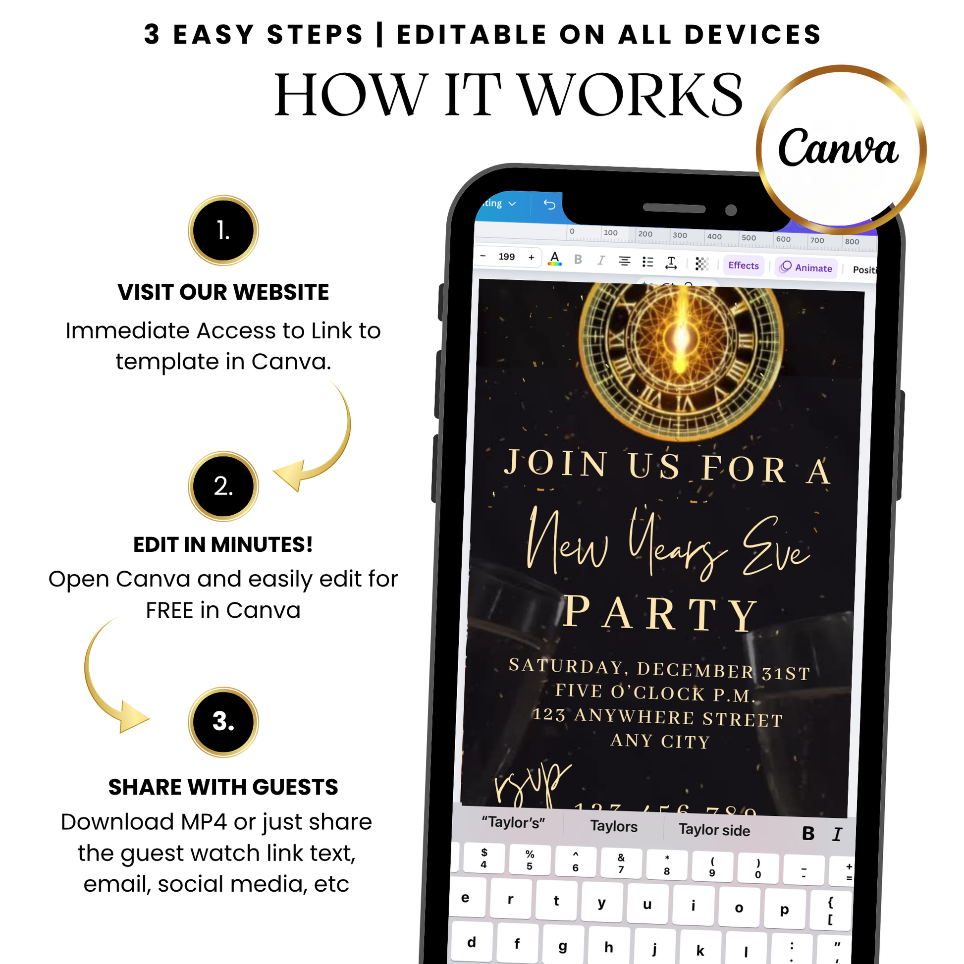 Gold black countdown clock video invitation