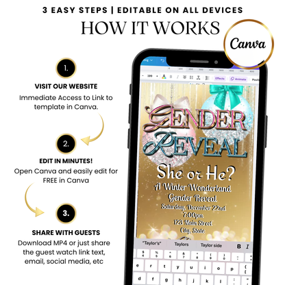 Winter gender reveal video invitation with snow animation