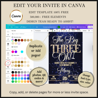 Editable royal blue gold 30th birthday video invitation displayed on a mobile phone, featuring an animated vertical digital invite with music, created in Canva. This premium video invitation template is designed for sharing by text, email, and social media and works with an interactive RSVP website for easy guest response tracking.