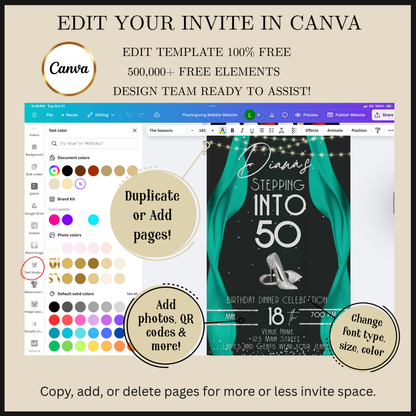 Editable teal red carpet 50th birthday video invitation displayed on a mobile phone, featuring an animated vertical digital invite with music, created in Canva. This premium video invitation template is designed for sharing by text, email, and social media and works with an interactive RSVP website for easy guest response tracking.