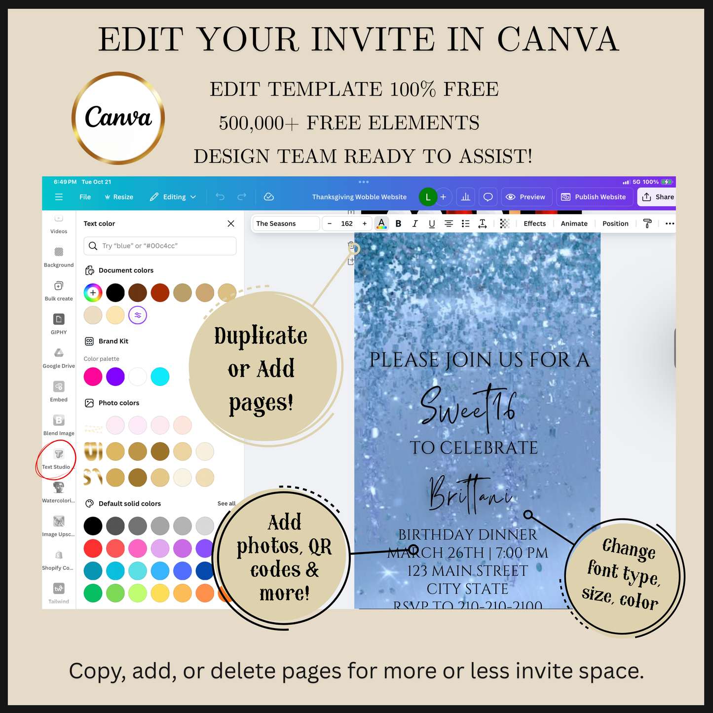 Editable aqua blue watercolor glitter sweet 16 birthday dinner video invitation displayed on a mobile phone, featuring an animated vertical digital invite with music, created in Canva. This premium video invitation template is designed for sharing by text, email, and social media and works with an interactive RSVP website for easy guest response tracking.
