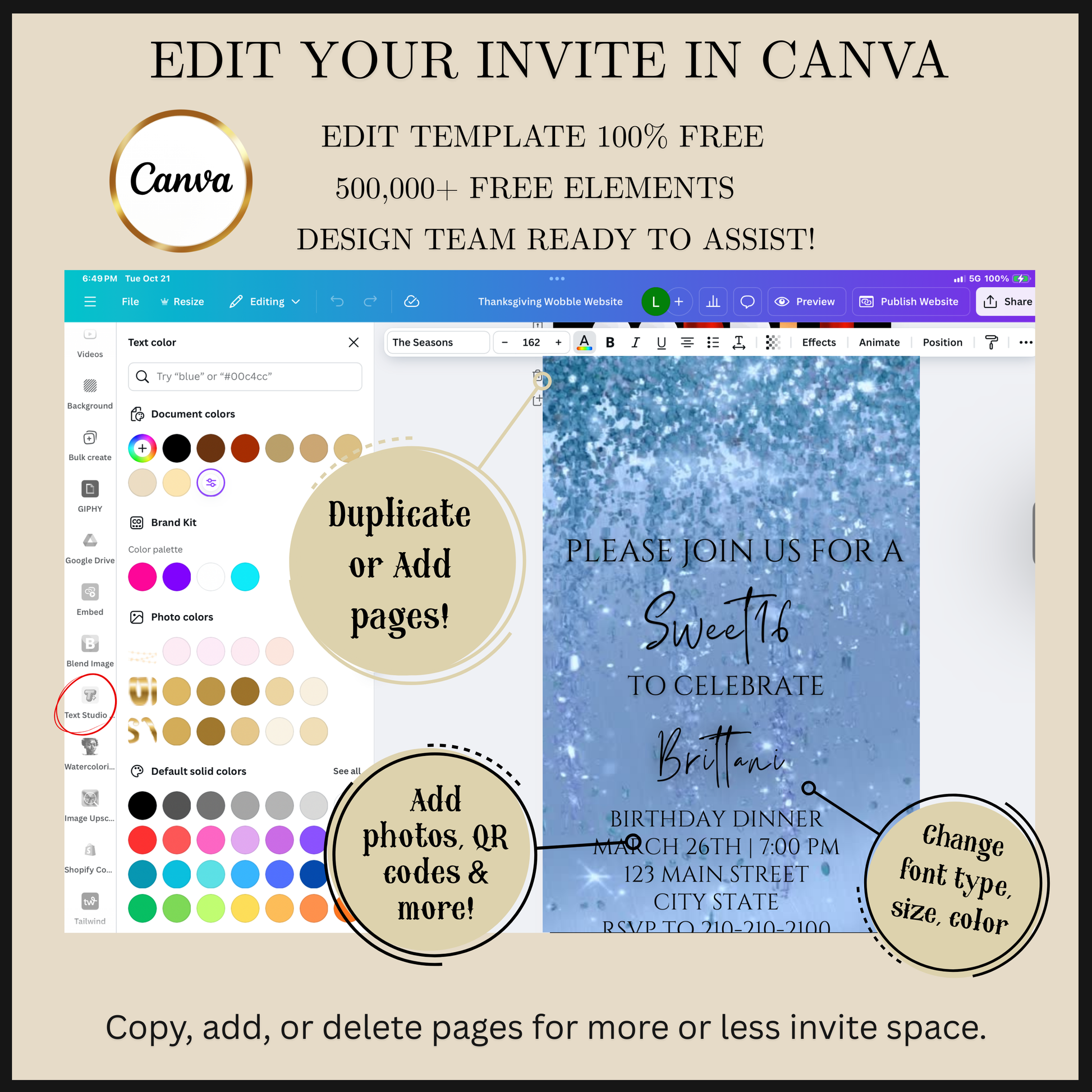 Editable aqua blue watercolor glitter sweet 16 birthday dinner video invitation displayed on a mobile phone, featuring an animated vertical digital invite with music, created in Canva. This premium video invitation template is designed for sharing by text, email, and social media and works with an interactive RSVP website for easy guest response tracking.