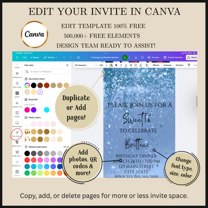 Editable aqua blue watercolor glitter sweet 16 birthday dinner video invitation displayed on a mobile phone, featuring an animated vertical digital invite with music, created in Canva. This premium video invitation template is designed for sharing by text, email, and social media and works with an interactive RSVP website for easy guest response tracking.