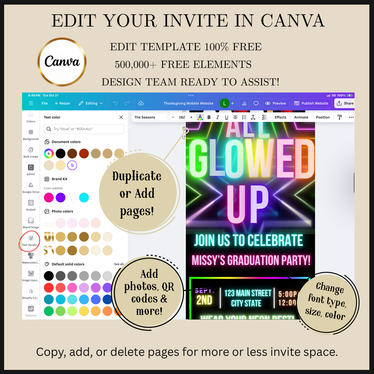 Editable neon glow graduation party video invitation displayed on a mobile phone, featuring an animated vertical digital invite with music, created in Canva. This premium video invitation template is designed for sharing by text, email, and social media and works with an interactive RSVP website for easy guest response tracking.