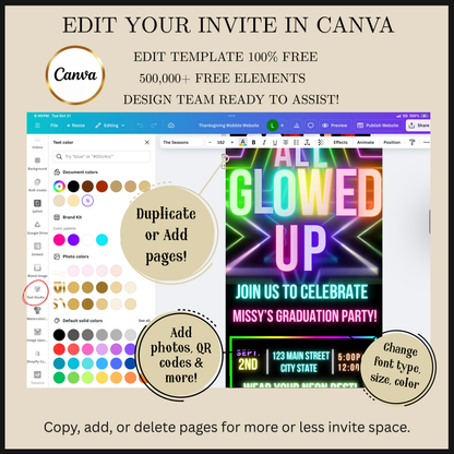Editable neon glow graduation party video invitation displayed on a mobile phone, featuring an animated vertical digital invite with music, created in Canva. This premium video invitation template is designed for sharing by text, email, and social media and works with an interactive RSVP website for easy guest response tracking.