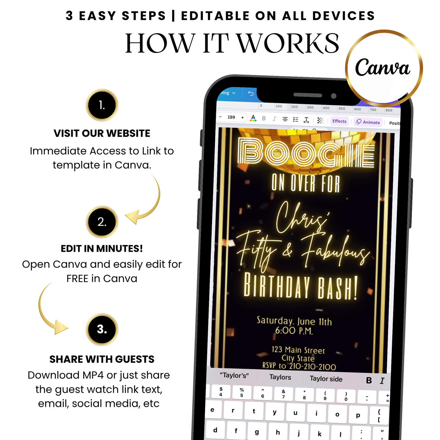 WhatsApp chat preview sending Gold Disco party video invitation