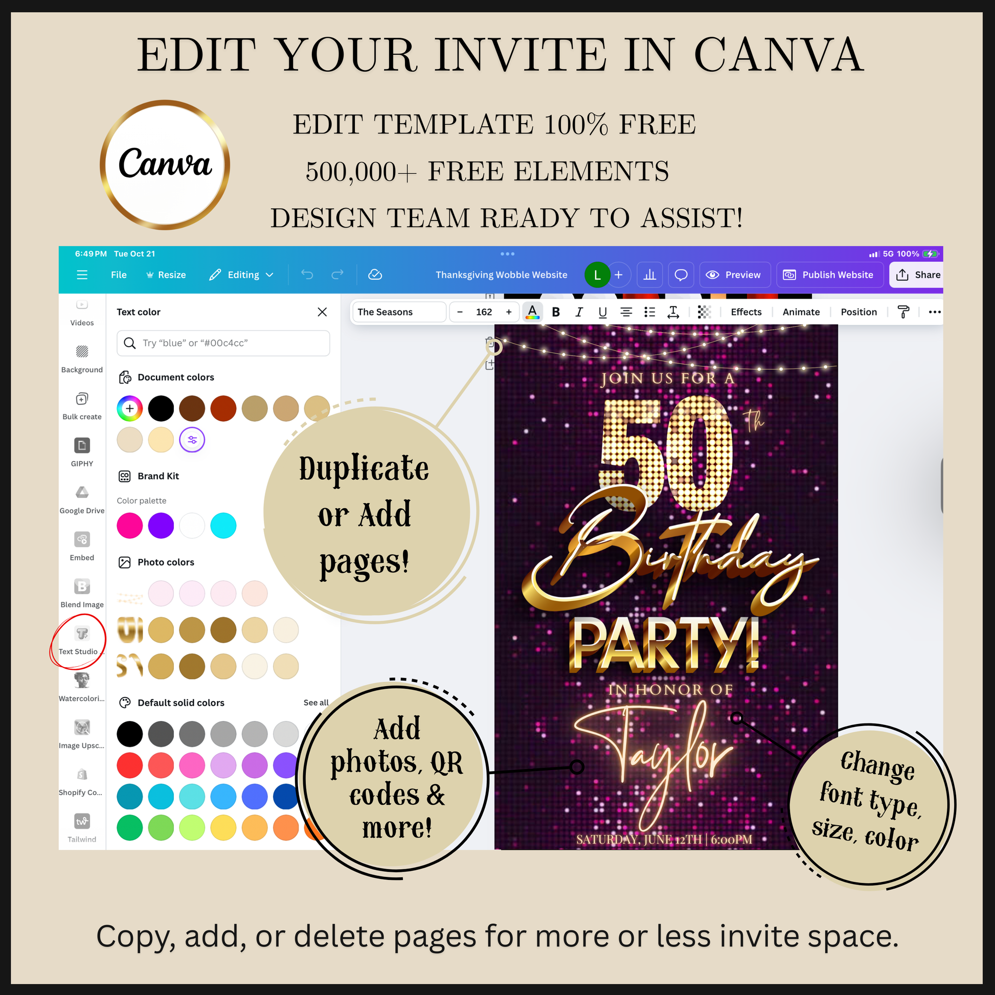 Editable pink gold sequin 50th birthday video invitation displayed on a mobile phone, featuring an animated vertical digital invite with music, created in Canva. This premium video invitation template is designed for sharing by text, email, and social media and works with an interactive RSVP website for easy guest response tracking.