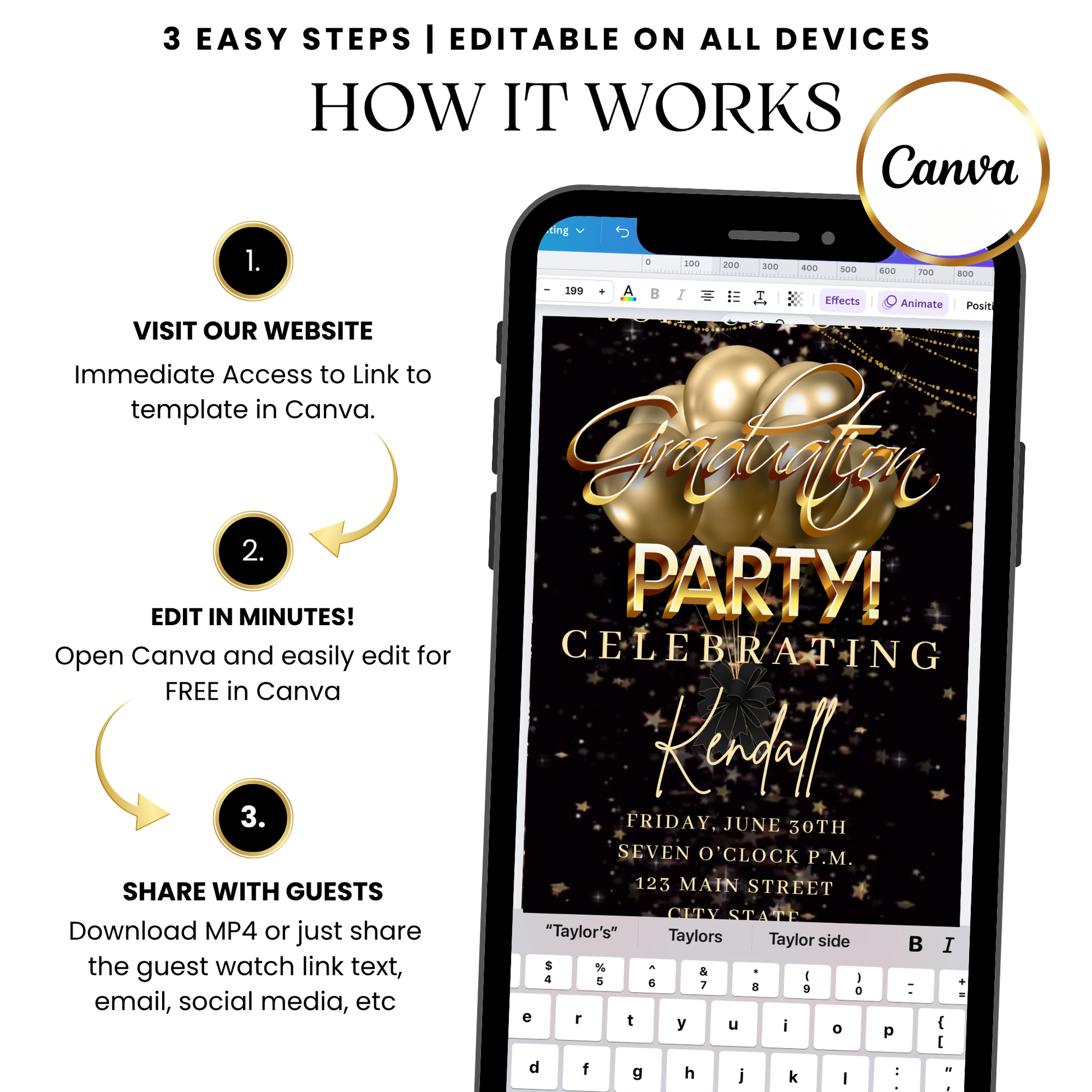 Elegant Gold Balloon Digital Video Invitation with Music