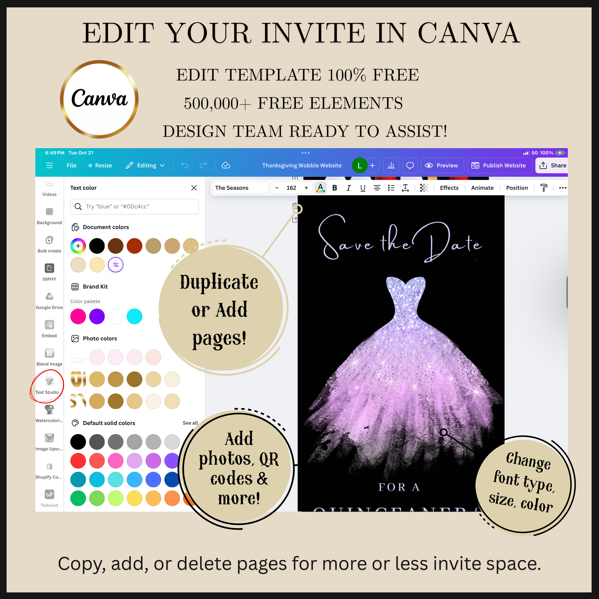 Editable purple glitter dress Quinceañera video invitation displayed on a mobile phone, featuring an animated vertical digital invite with music, created in Canva. This premium video invitation template is designed for sharing by text, email, and social media and works with an interactive RSVP website for easy guest response tracking.