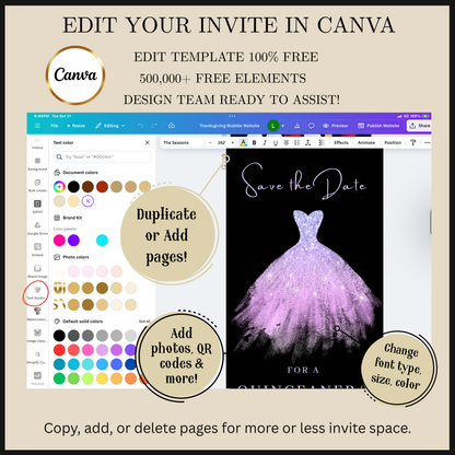Editable purple glitter dress Quinceañera video invitation displayed on a mobile phone, featuring an animated vertical digital invite with music, created in Canva. This premium video invitation template is designed for sharing by text, email, and social media and works with an interactive RSVP website for easy guest response tracking.