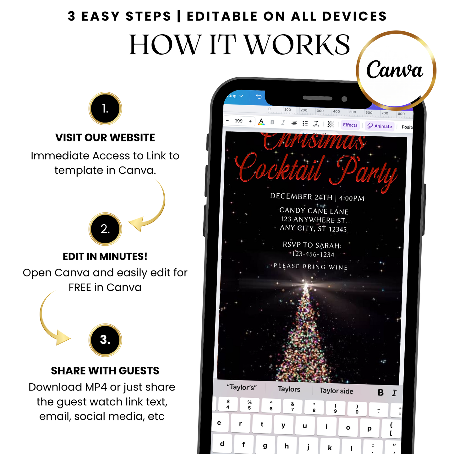 Editable Cocktail Tree MP4 invitation template with festive details