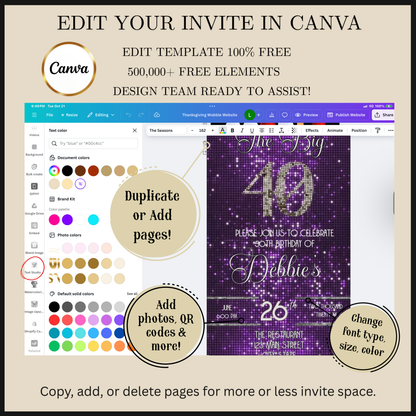 Editable purple glitter 40th birthday video invitation displayed on a mobile phone, featuring an animated vertical digital invite with music, created in Canva. This premium video invitation template is designed for sharing by text, email, and social media and works with an interactive RSVP website for easy guest response tracking.