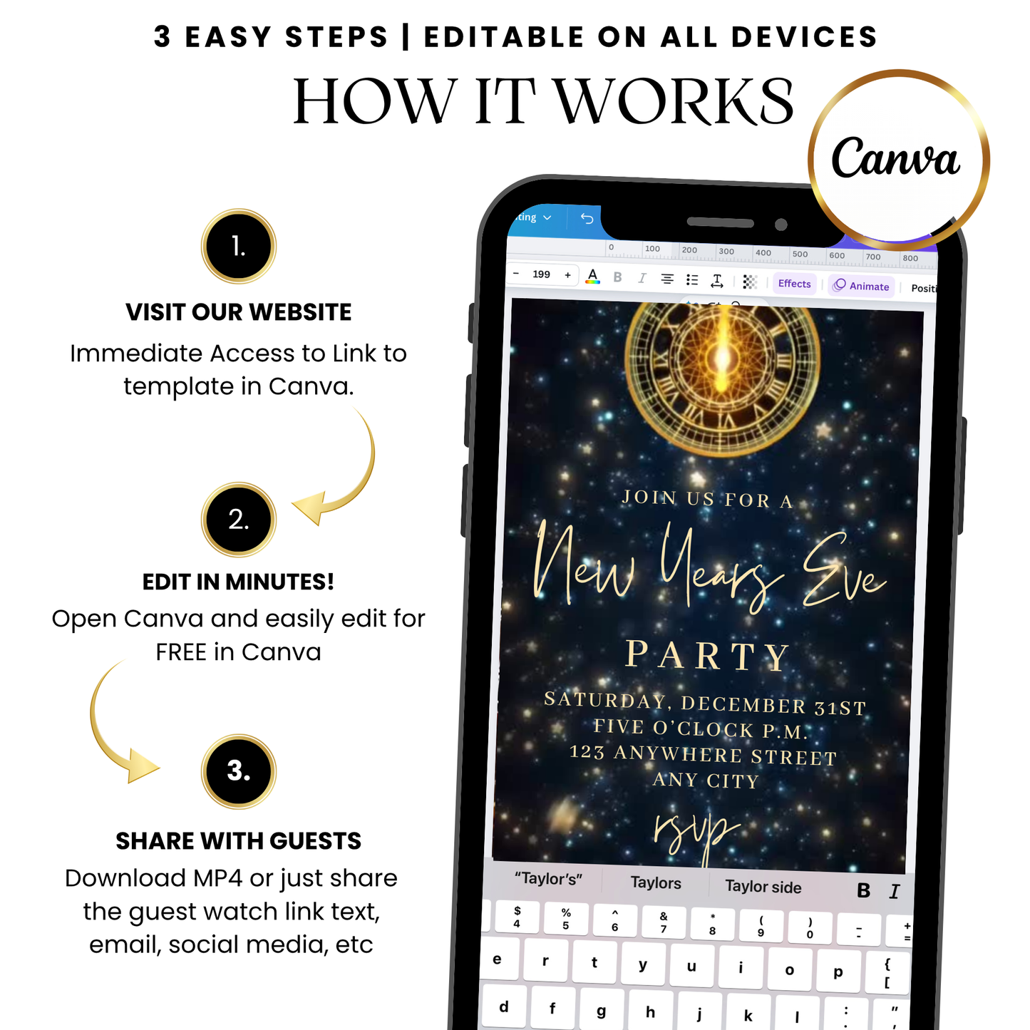 Starry night New Year's Eve clock video invitation design