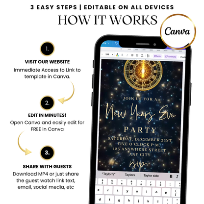 Starry night New Year's Eve clock video invitation design