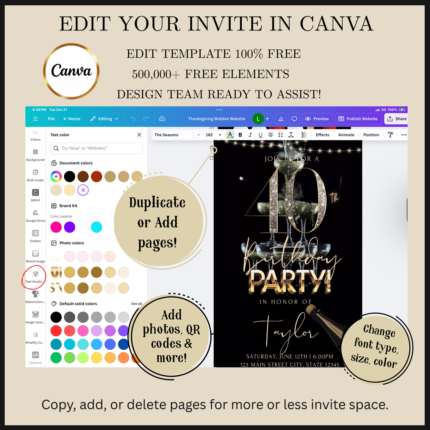 Editable black gold champagne 40th birthday video invitation displayed on a mobile phone, featuring an animated vertical digital invite with music, created in Canva. This premium video invitation template is designed for sharing by text, email, and social media and works with an interactive RSVP website for easy guest response tracking.