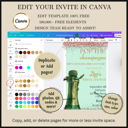 Editable pop the champagne bridal shower video invitation displayed on a mobile phone, featuring an animated vertical digital invite with music, created in Canva. This premium video invitation template is designed for sharing by text, email, and social media and works with an interactive RSVP website for easy guest response tracking.