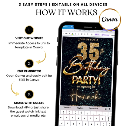 Teal gold sparkle 35th birthday video invitation