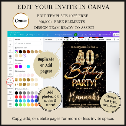 Editable black gold fireworks 40th birthday video invitation displayed on a mobile phone, featuring an animated vertical digital invite with music, created in Canva. This premium video invitation template is designed for sharing by text, email, and social media and works with an interactive RSVP website for easy guest response tracking.