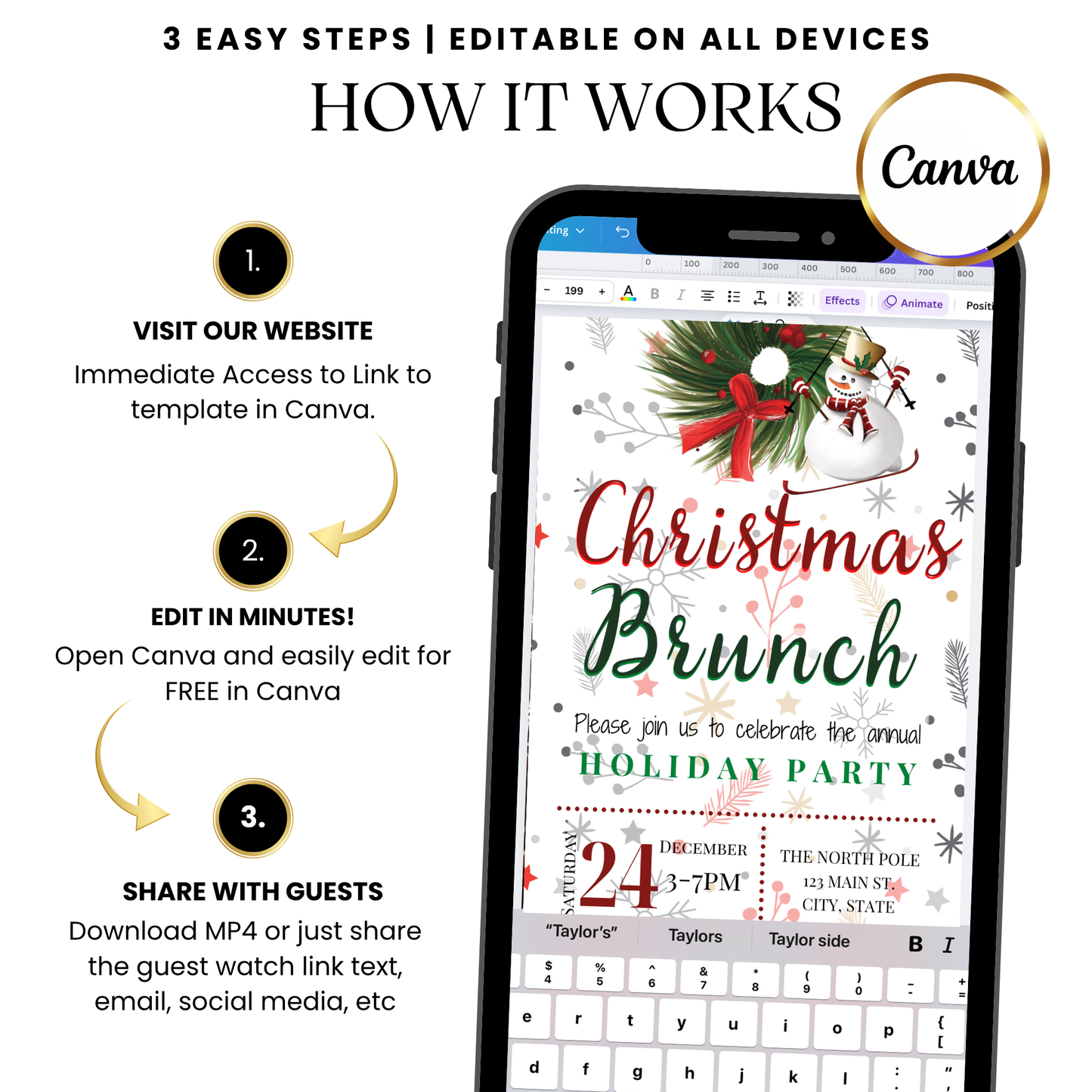 Winter festive brunch video invitation with wreath animation