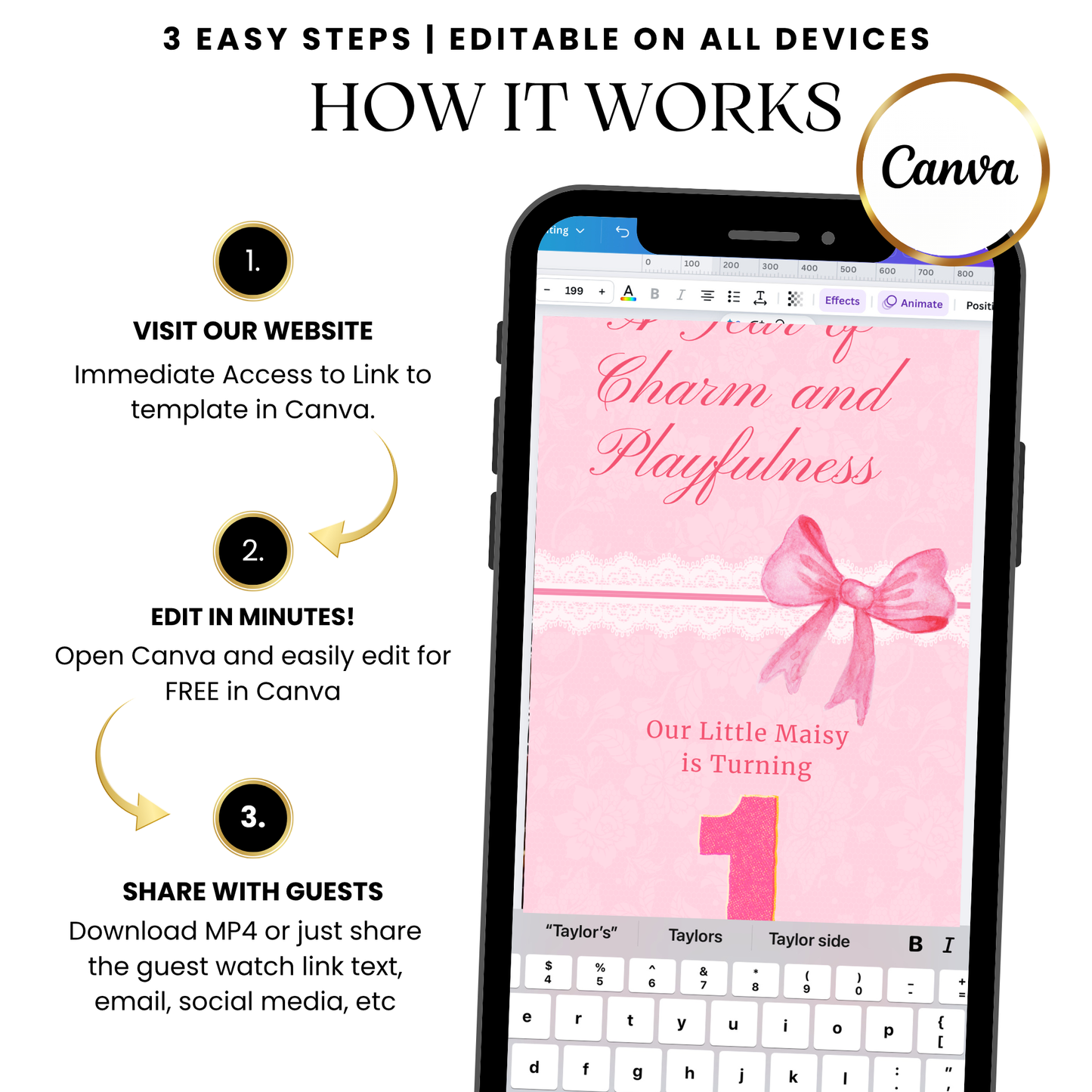 Pink bow charm animated party video invitation