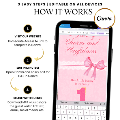 Pink bow charm animated party video invitation