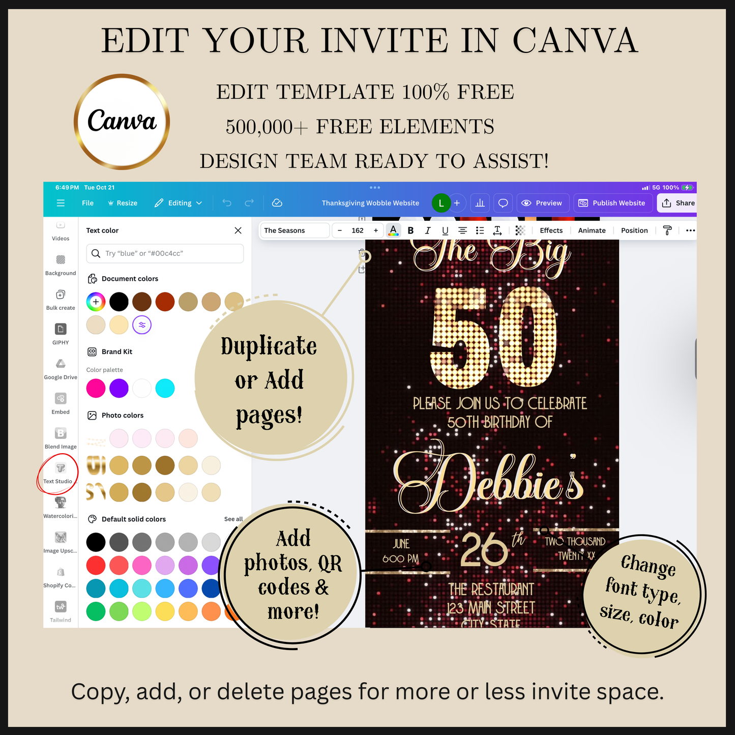 Editable red gold glam 50th birthday video invitation displayed on a mobile phone, featuring an animated vertical digital invite with music, created in Canva. This premium video invitation template is designed for sharing by text, email, and social media and works with an interactive RSVP website for easy guest response tracking.