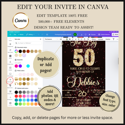 Editable red gold glam 50th birthday video invitation displayed on a mobile phone, featuring an animated vertical digital invite with music, created in Canva. This premium video invitation template is designed for sharing by text, email, and social media and works with an interactive RSVP website for easy guest response tracking.