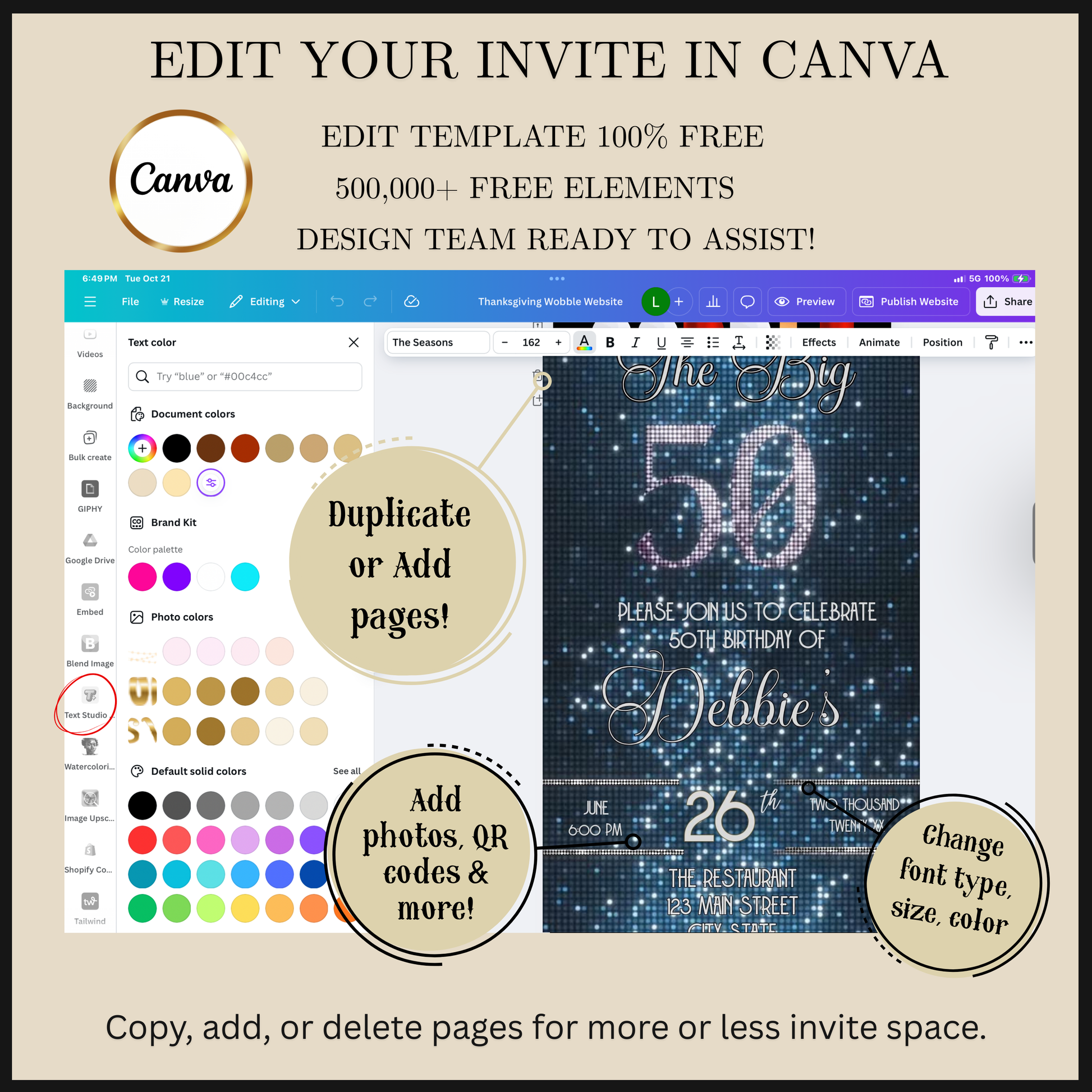 Editable blue glitter 50th birthday video invitation displayed on a mobile phone, featuring an animated vertical digital invite with music, created in Canva. This premium video invitation template is designed for sharing by text, email, and social media and works with an interactive RSVP website for easy guest response tracking.
