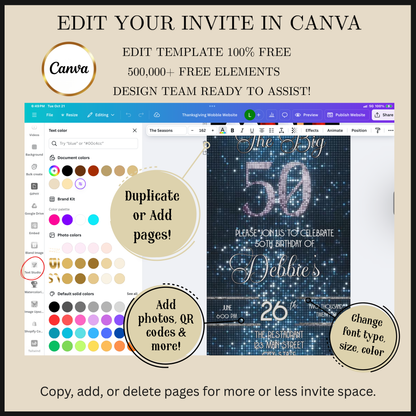 Editable blue glitter 50th birthday video invitation displayed on a mobile phone, featuring an animated vertical digital invite with music, created in Canva. This premium video invitation template is designed for sharing by text, email, and social media and works with an interactive RSVP website for easy guest response tracking.