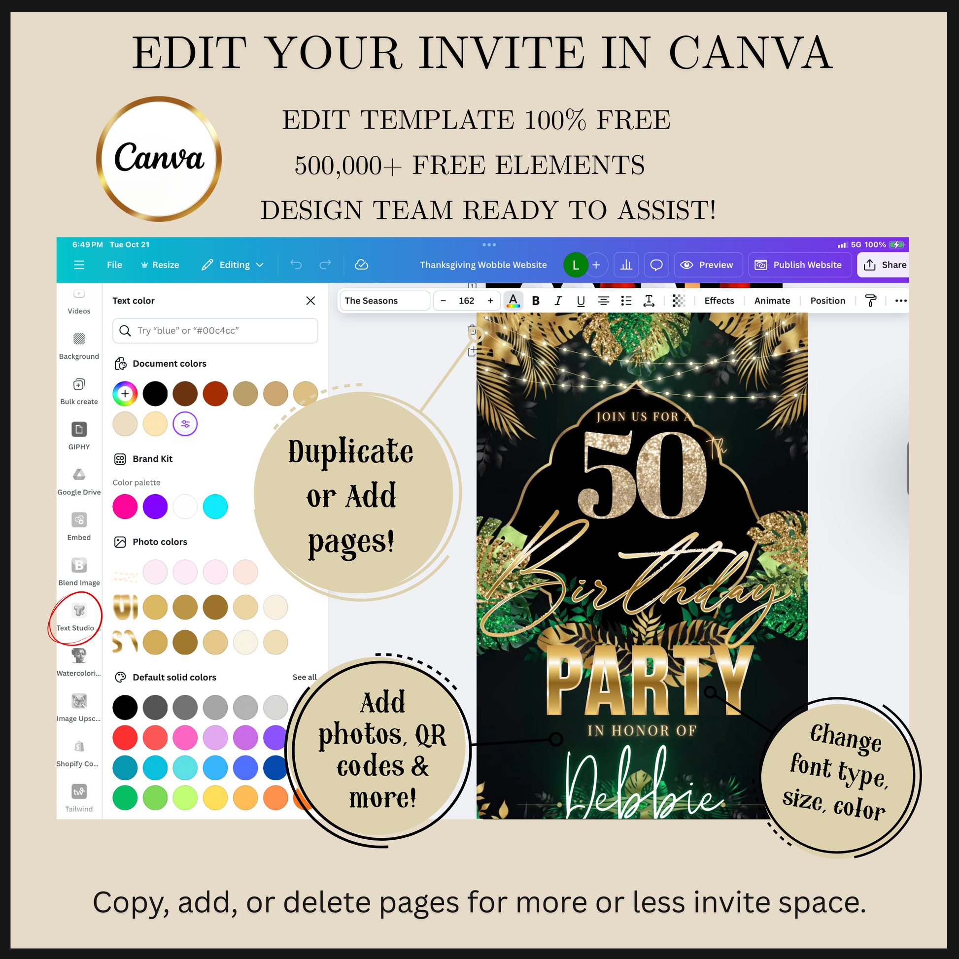 Editable tropical green gold 50th birthday video invitation displayed on a mobile phone, featuring an animated vertical digital invite with music, created in Canva. This premium video invitation template is designed for sharing by text, email, and social media and works with an interactive RSVP website for easy guest response tracking.