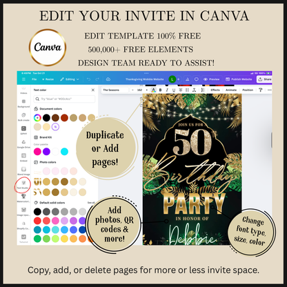 Editable tropical green gold 50th birthday video invitation displayed on a mobile phone, featuring an animated vertical digital invite with music, created in Canva. This premium video invitation template is designed for sharing by text, email, and social media and works with an interactive RSVP website for easy guest response tracking.