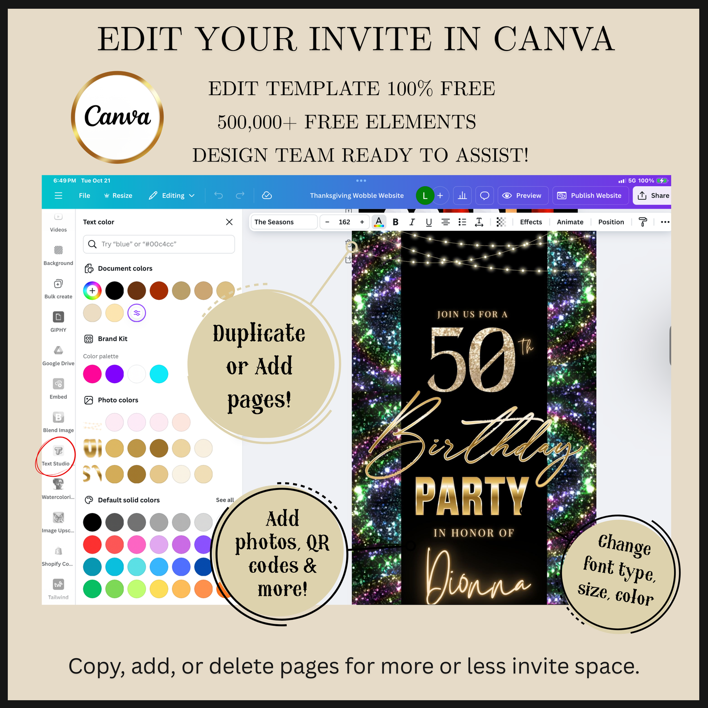 Editable nardo gras glitter 50th birthday video invitation displayed on a mobile phone, featuring an animated vertical digital invite with music, created in Canva. This premium video invitation template is designed for sharing by text, email, and social media and works with an interactive RSVP website for easy guest response tracking.