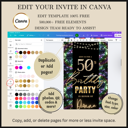 Editable nardo gras glitter 50th birthday video invitation displayed on a mobile phone, featuring an animated vertical digital invite with music, created in Canva. This premium video invitation template is designed for sharing by text, email, and social media and works with an interactive RSVP website for easy guest response tracking.
