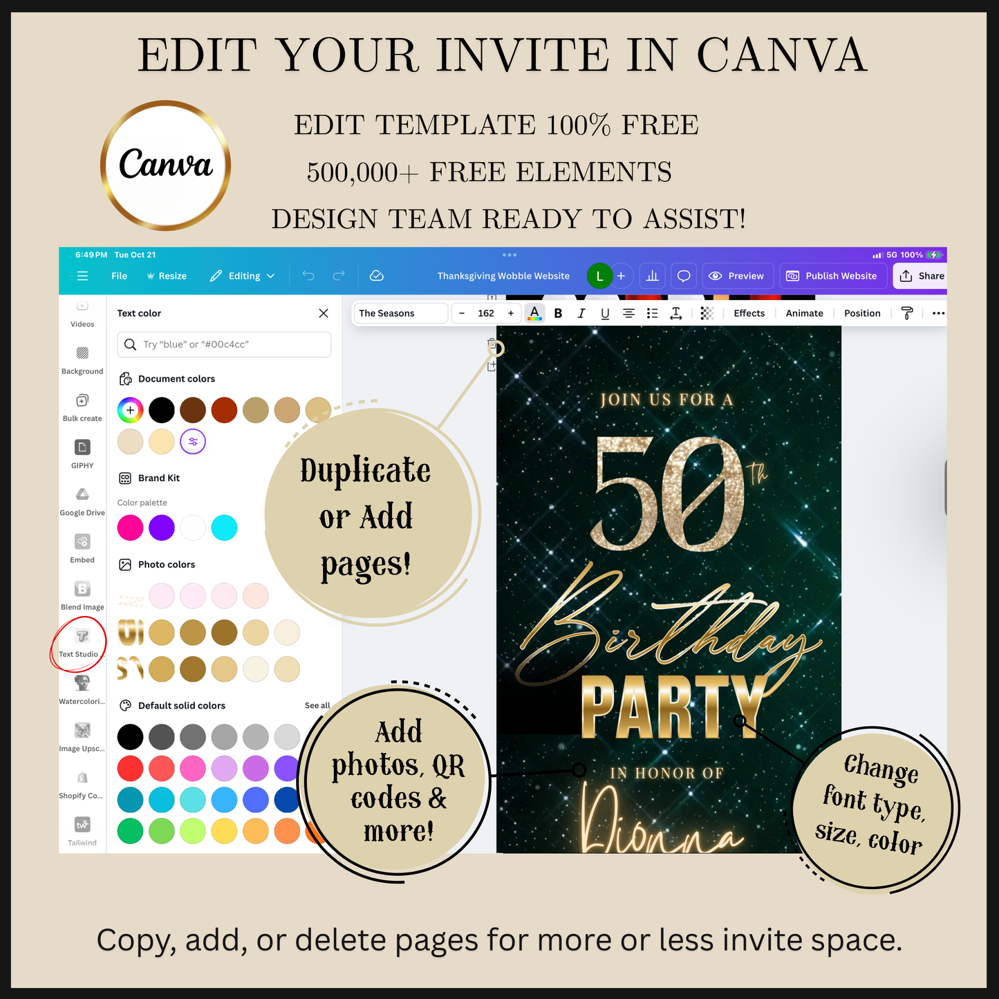 Editable emerald green sparkly 50th birthday video invitation displayed on a mobile phone, featuring an animated vertical digital invite with music, created in Canva. This premium video invitation template is designed for sharing by text, email, and social media and works with an interactive RSVP website for easy guest response tracking.