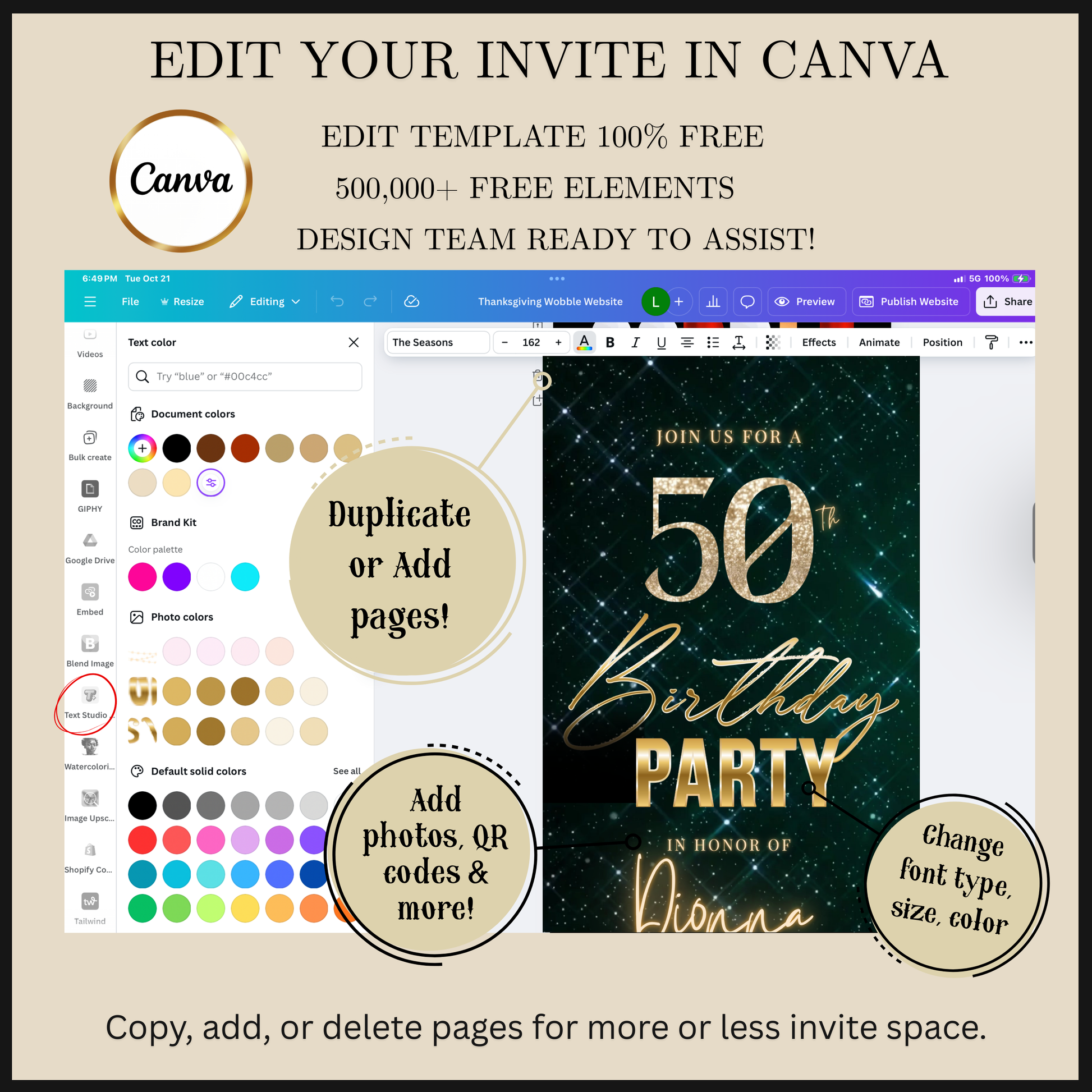 Editable emerald green sparkly 50th birthday video invitation displayed on a mobile phone, featuring an animated vertical digital invite with music, created in Canva. This premium video invitation template is designed for sharing by text, email, and social media and works with an interactive RSVP website for easy guest response tracking.