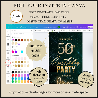 Editable emerald green sparkly 50th birthday video invitation displayed on a mobile phone, featuring an animated vertical digital invite with music, created in Canva. This premium video invitation template is designed for sharing by text, email, and social media and works with an interactive RSVP website for easy guest response tracking.