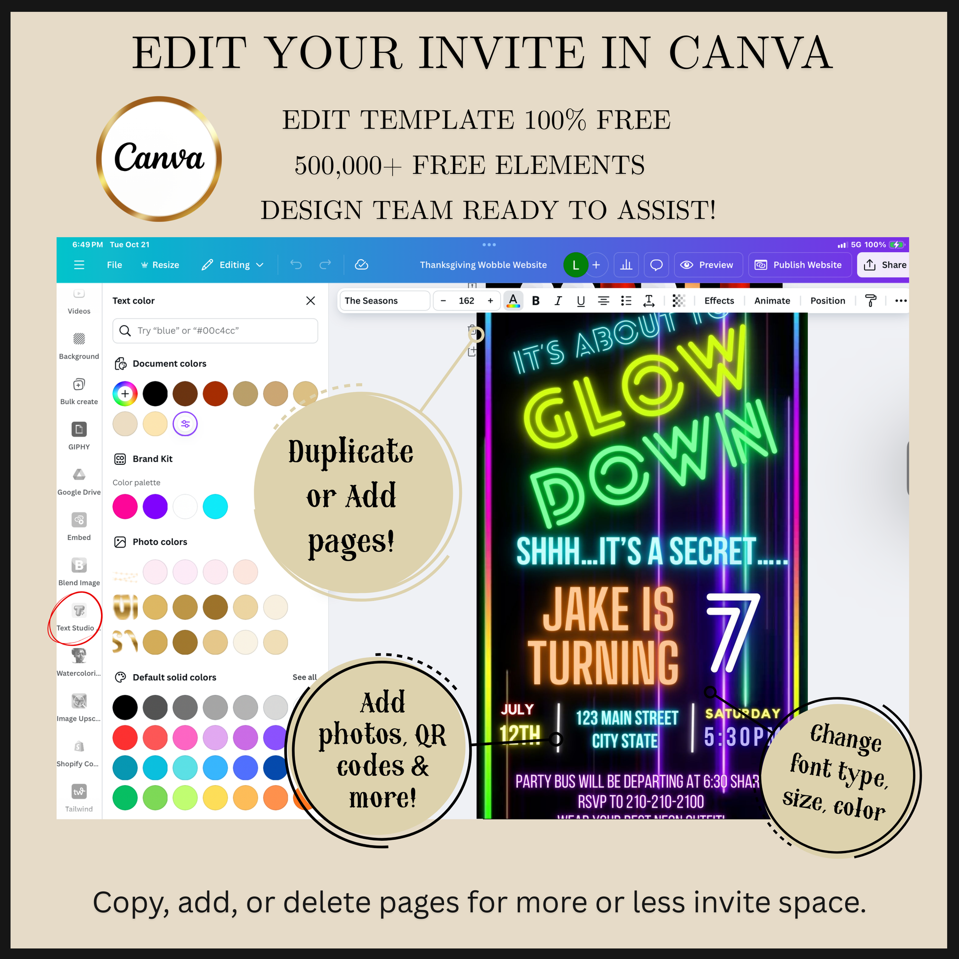 Editable neon glow down birthday video invitation displayed on a mobile phone, featuring an animated vertical digital invite with music, created in Canva. This premium video invitation template is designed for sharing by text, email, and social media and works with an interactive RSVP website for easy guest response tracking.