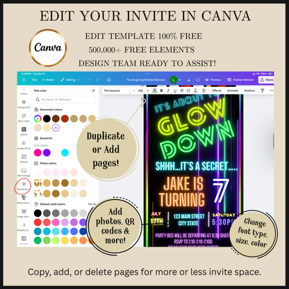 Editable neon glow down birthday video invitation displayed on a mobile phone, featuring an animated vertical digital invite with music, created in Canva. This premium video invitation template is designed for sharing by text, email, and social media and works with an interactive RSVP website for easy guest response tracking.
