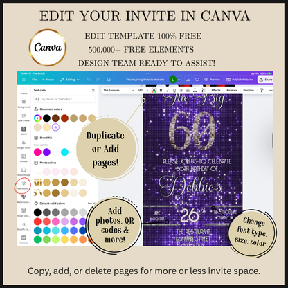 Editable purple shimmer 60th birthday video invitation displayed on a mobile phone, featuring an animated vertical digital invite with music, created in Canva. This premium video invitation template is designed for sharing by text, email, and social media and works with an interactive RSVP website for easy guest response tracking.