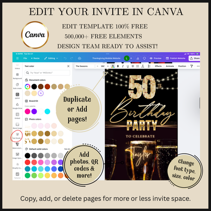 Editable black gold champagne 50th birthday video invitation displayed on a mobile phone, featuring an animated vertical digital invite with music, created in Canva. This premium video invitation template is designed for sharing by text, email, and social media and works with an interactive RSVP website for easy guest response tracking.