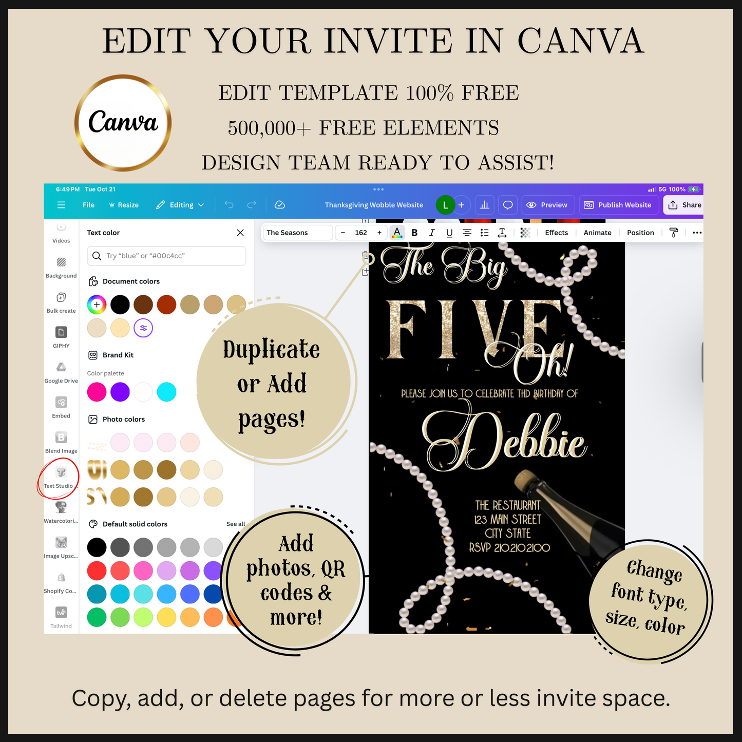 Editable pearl black gold 50th birthday video invitation displayed on a mobile phone, featuring an animated vertical digital invite with music, created in Canva. This premium video invitation template is designed for sharing by text, email, and social media and works with an interactive RSVP website for easy guest response tracking.