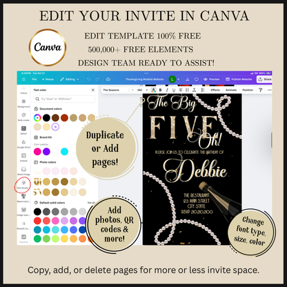 Editable pearl black gold 50th birthday video invitation displayed on a mobile phone, featuring an animated vertical digital invite with music, created in Canva. This premium video invitation template is designed for sharing by text, email, and social media and works with an interactive RSVP website for easy guest response tracking.