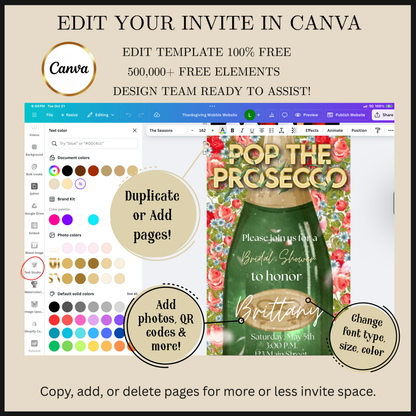 Editable green bottle floral pop the prosecco bridal shower video invitation displayed on a mobile phone, featuring an animated vertical digital invite with music, created in Canva. This premium video invitation template is designed for sharing by text, email, and social media and works with an interactive RSVP website for easy guest response tracking.