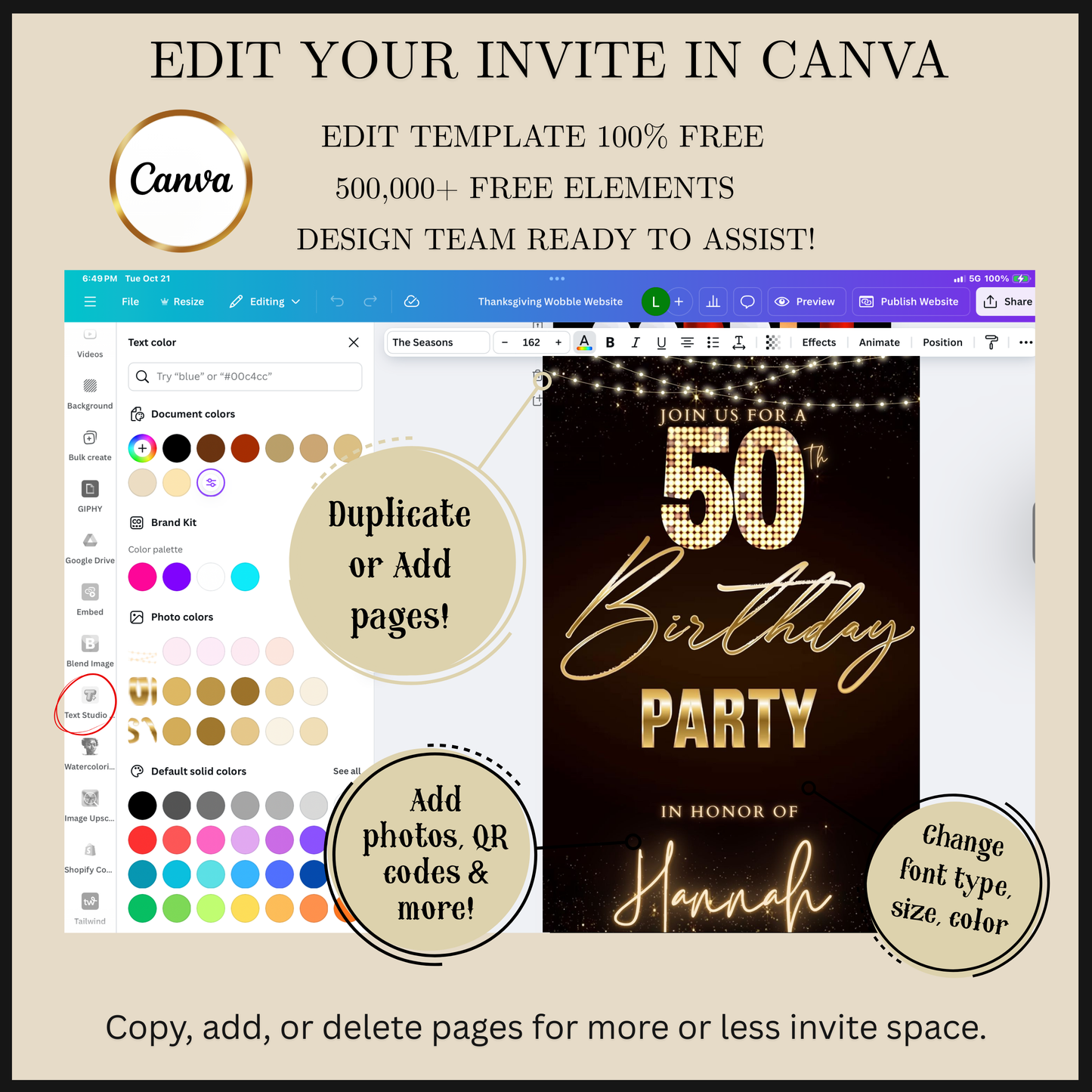 Editable maroon gold sparkle 50th birthday party video invitation displayed on a mobile phone, featuring an animated vertical digital invite with music, created in Canva. This premium video invitation template is designed for sharing by text, email, and social media and works with an interactive RSVP website for easy guest response tracking.