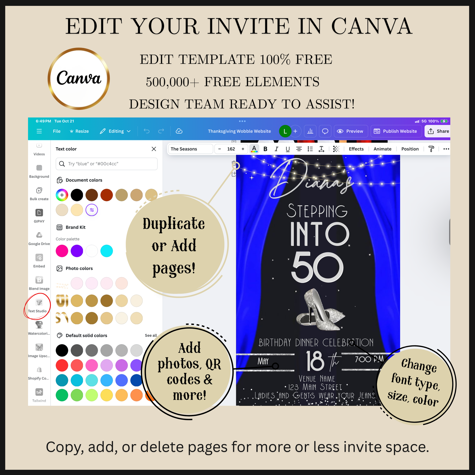 Editable royal blue elegant 50th birthday video invitation video invitation displayed on a mobile phone, featuring an animated vertical digital invite with music, created in Canva. This premium video invitation template is designed for sharing by text, email, and social media and works with an interactive RSVP website for easy guest response tracking.