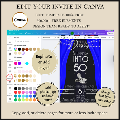 Editable royal blue elegant 50th birthday video invitation video invitation displayed on a mobile phone, featuring an animated vertical digital invite with music, created in Canva. This premium video invitation template is designed for sharing by text, email, and social media and works with an interactive RSVP website for easy guest response tracking.