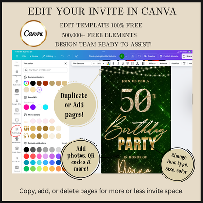 Editable emerald green sparkly 50th birthday video invitation displayed on a mobile phone, featuring an animated vertical digital invite with music, created in Canva. This premium video invitation template is designed for sharing by text, email, and social media and works with an interactive RSVP website for easy guest response tracking.