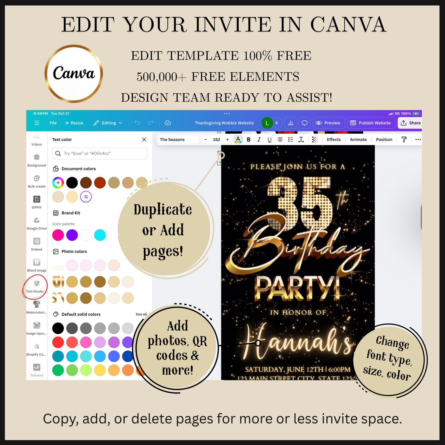 Editable black gold fireworks 35th birthday video invitation displayed on a mobile phone, featuring an animated vertical digital invite with music, created in Canva. This premium video invitation template is designed for sharing by text, email, and social media and works with an interactive RSVP website for easy guest response tracking.