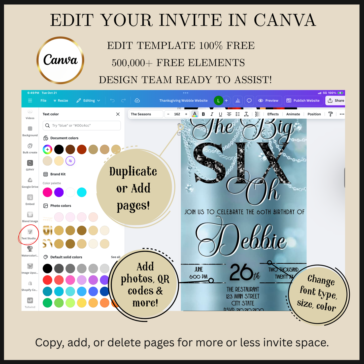 Editable baby blue elegant 60th birthday video invitation displayed on a mobile phone, featuring an animated vertical digital invite with music, created in Canva. This premium video invitation template is designed for sharing by text, email, and social media and works with an interactive RSVP website for easy guest response tracking.